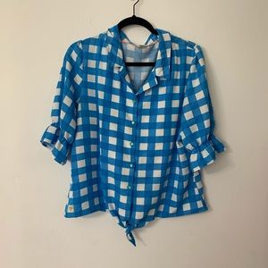 Blue Checked Tie front Blouse